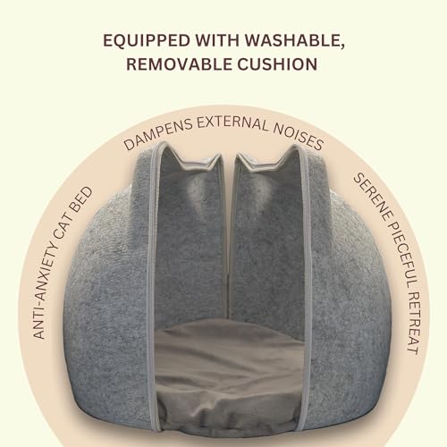 Cat wool cave bed for indoor cats, grey E128