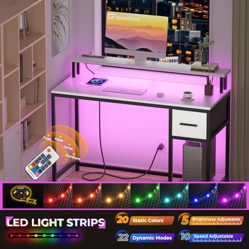 GreenForest Computer Desk with Drawers 47 inch, LED Lights & Power Outlets, Walnut A483756