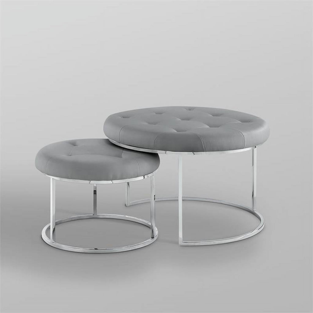 Posh Living Aaden Tufted Faux Leather Nesting Ottoman Set of 2, Gray/Chrome J1057