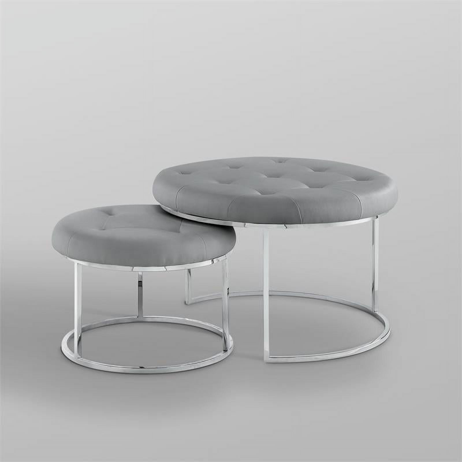 Posh Living Aaden Tufted Faux Leather Nesting Ottoman Set of 2, Gray/Chrome J1057