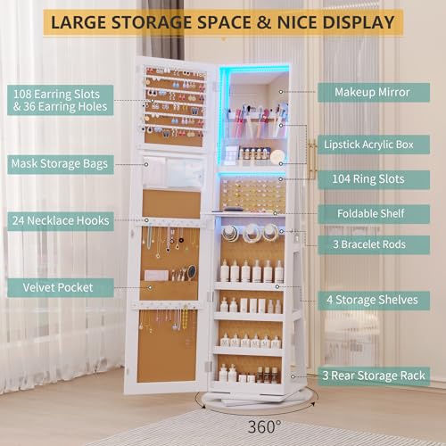 Vlsrka 360° Swivel Jewelry Cabinet with Lights and Full Length Mirror, Black R450
