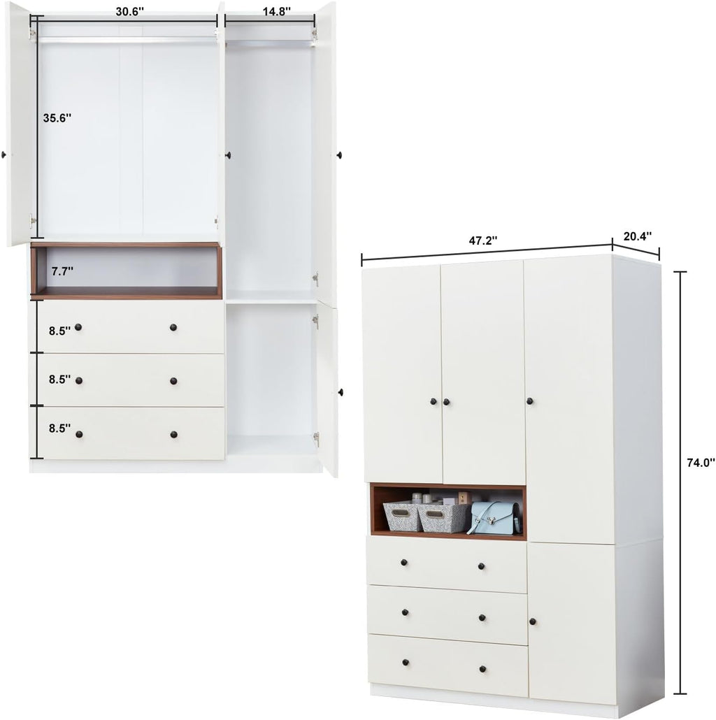 Wooden White 3-Door Armoire Wardrobe with Hanging Rod S96946