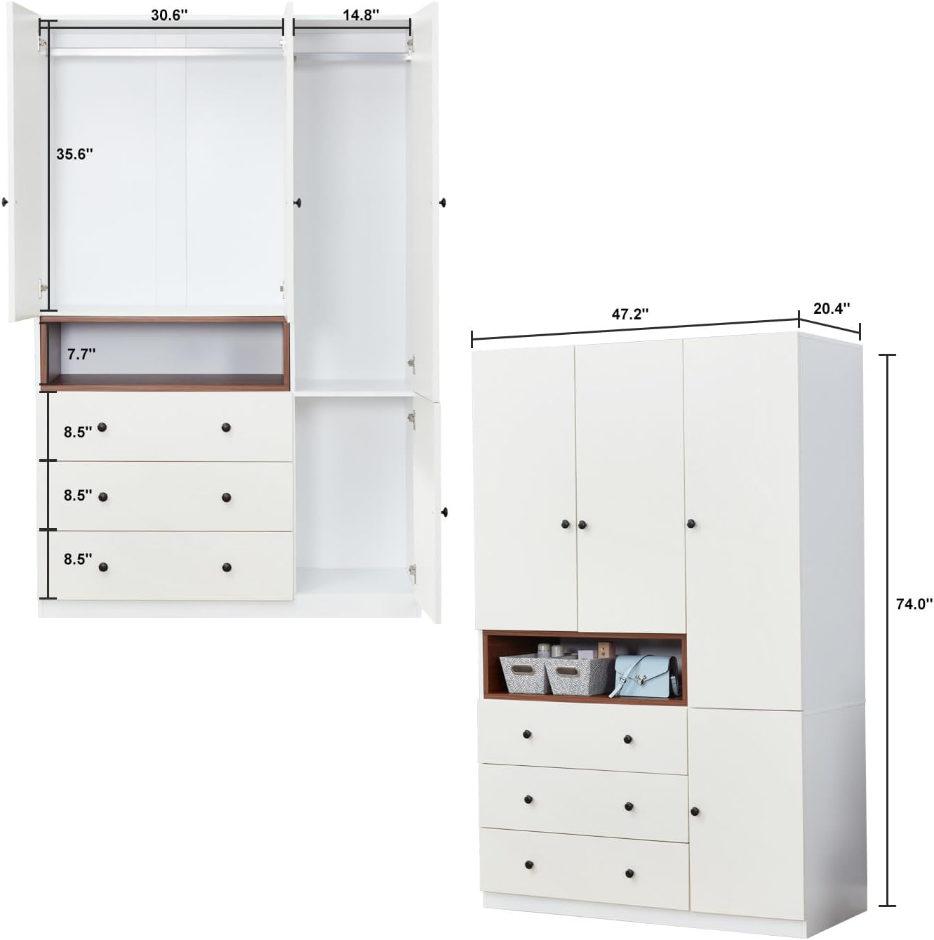 Wooden White 3-Door Armoire Wardrobe with Hanging Rod S96946