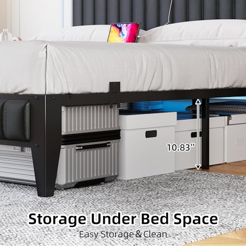 IDEALHOUSE Queen Bed Frame with Charging Station and LED Lights, Black N267458