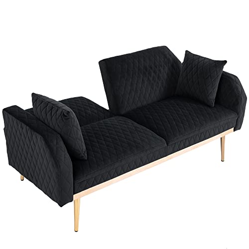 Modern Velvet Loveseat Sleeper Futon Sofa Bed with Metal Legs, Black P4165