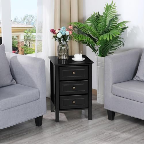 Yaheetech Bedside Table Set of 2, Nightstand with 3 Drawer and Solid Wood Legs, Black G20751