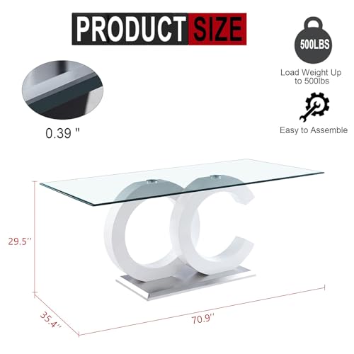 70 inch Glass Dining Table for 8, Tempered Glass with Gold Stainless Steel Pedestal U5101