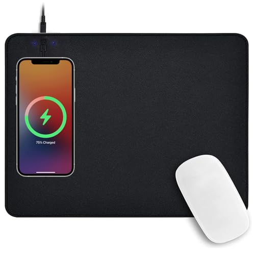 Desk Mat with Wireless Charging Mouse Pad Gaming Large Desk Pad with wireless charger 32x16 Waterproof Black Leather Computer Mat Mousepad Non-Slip Protector on Top of Desks