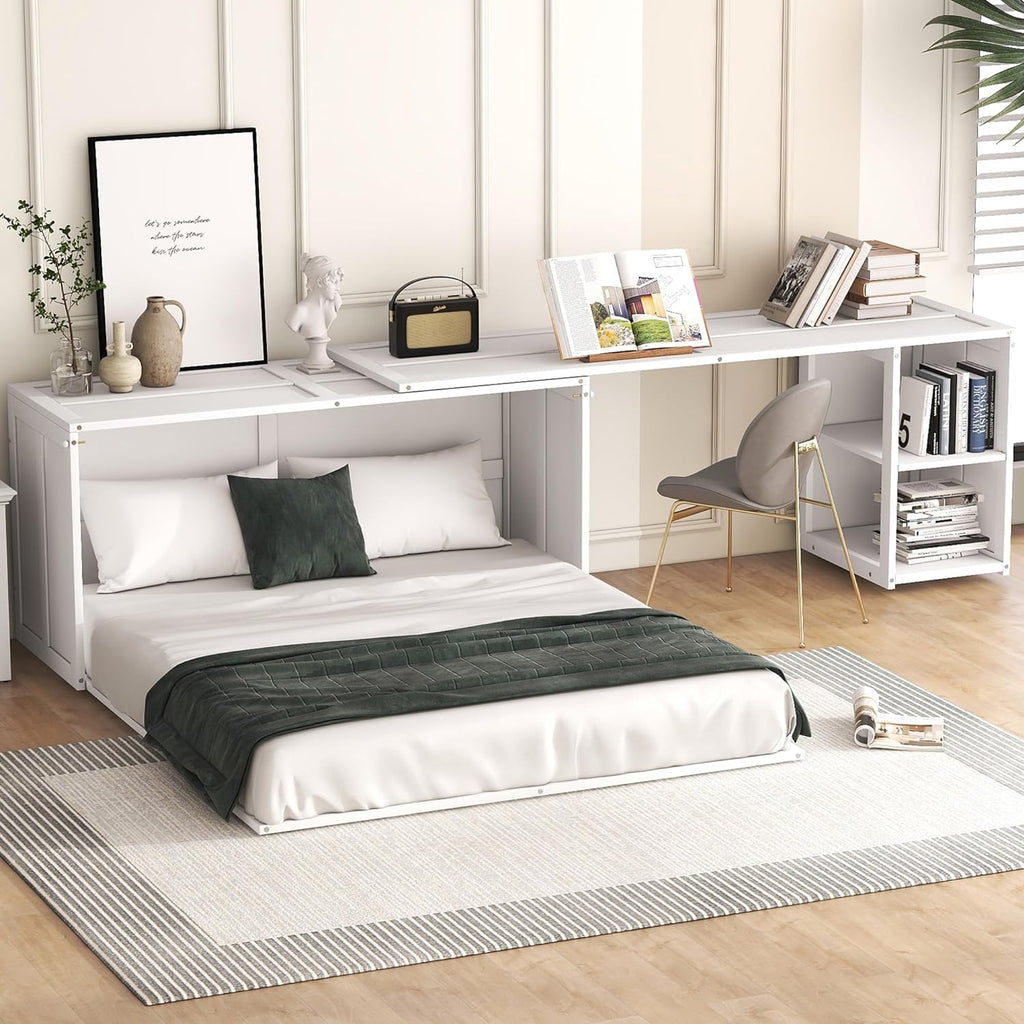 Queen Size Murphy Bed with Rotating Desk, White Finish T516