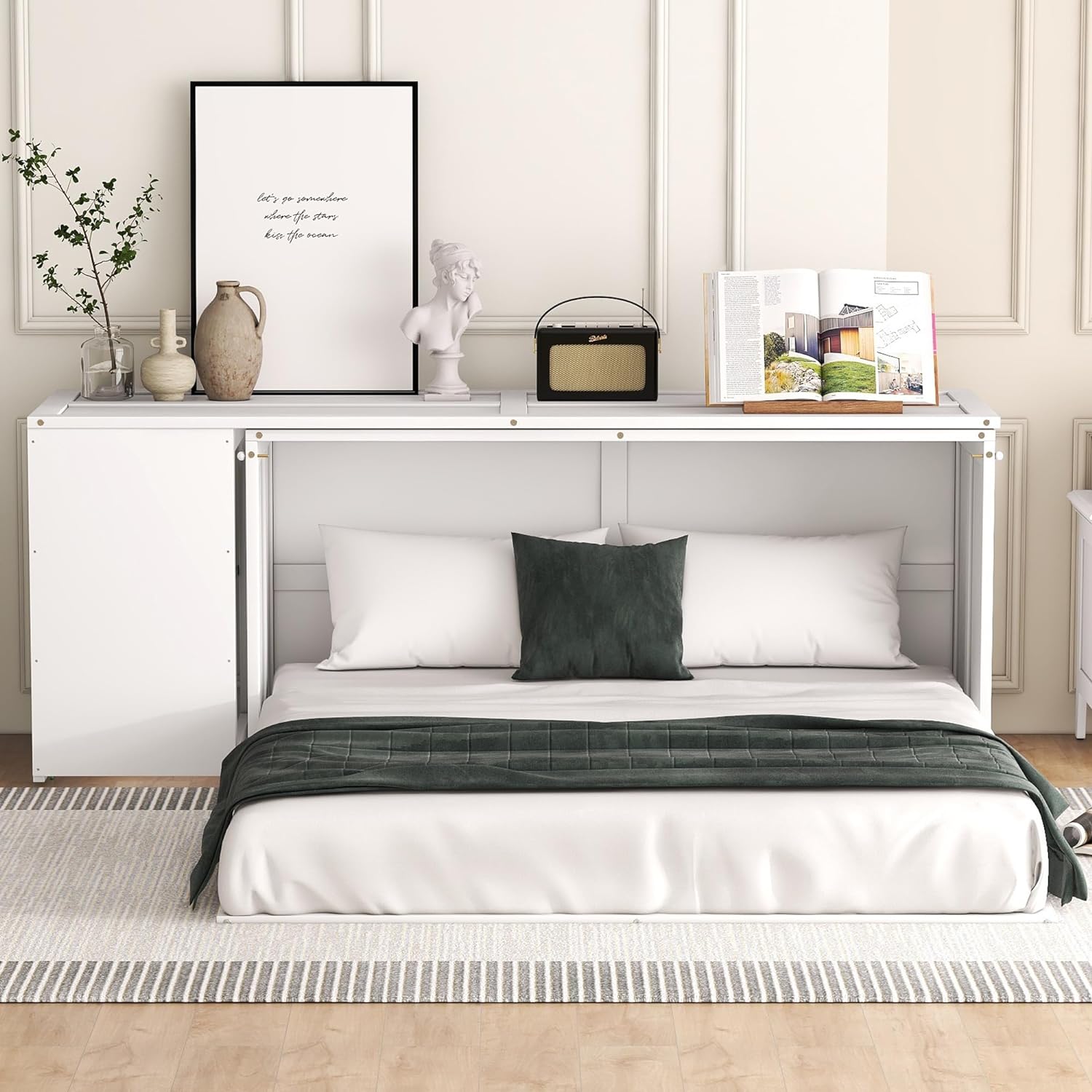 Queen Size Murphy Bed with Rotating Desk, White Finish T516