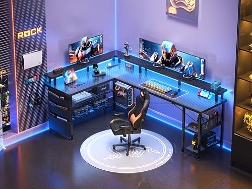 L Shaped Gaming Desk with Power Outlet and LED Lights, Black Carbon Fiber S6091