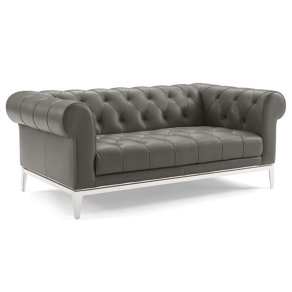 Pemberly Row Leather Upholstered Button Tufted Chesterfield Loveseat in Gray