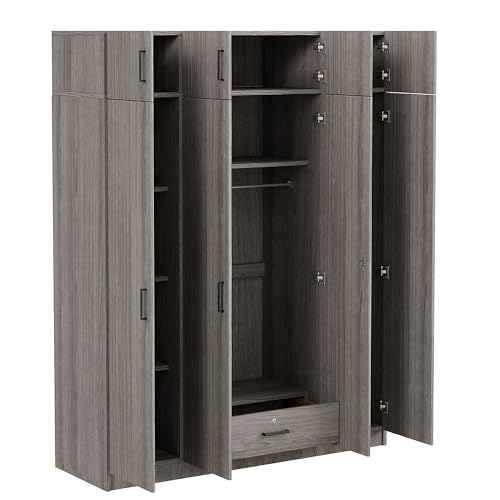 Wardrobe Armoire with 4 Doors, Mirror, Shelves and Hanging Rod R902