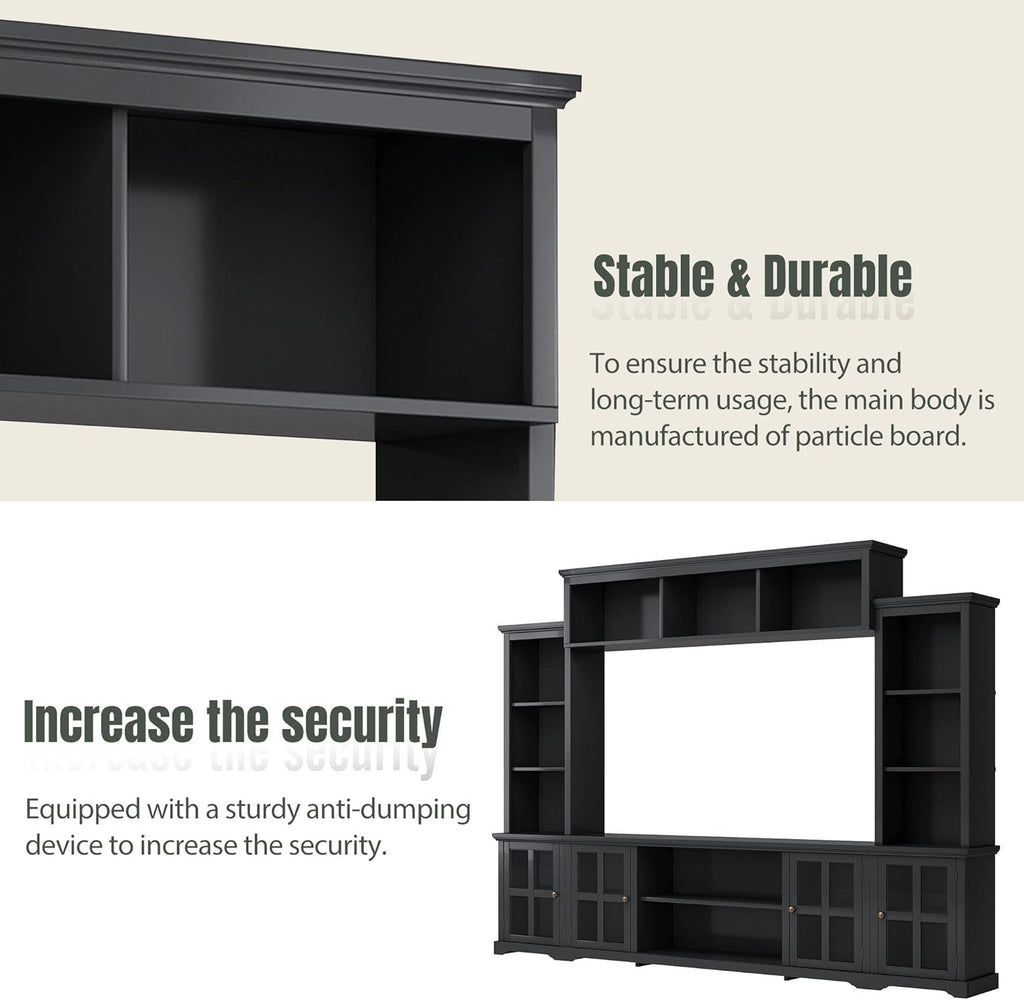 Modern Entertainment Wall Unit for TVs Up to 70" with Glass Doors, Black Y208870