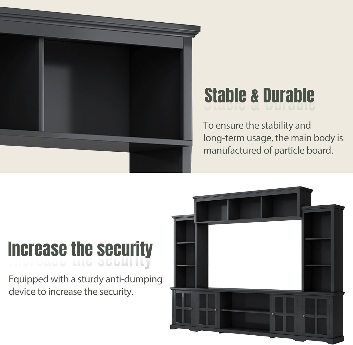 Modern Entertainment Wall Unit for TVs Up to 70" with Glass Doors, Black Y208870