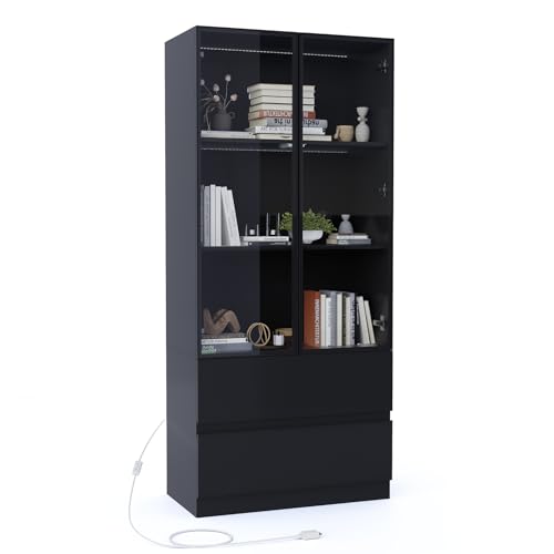 Glass Display Cabinet with LED Lights and 3-Tier Shelves Y843