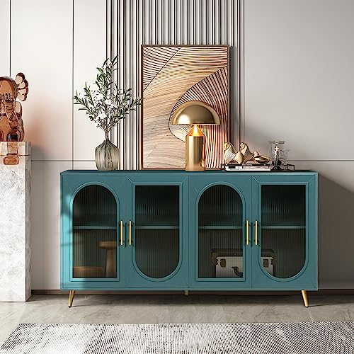 Modern 4-Door Wood Storage Sideboard Buffet Cabinet with Gold Metal Legs (Navy Blue) N18995