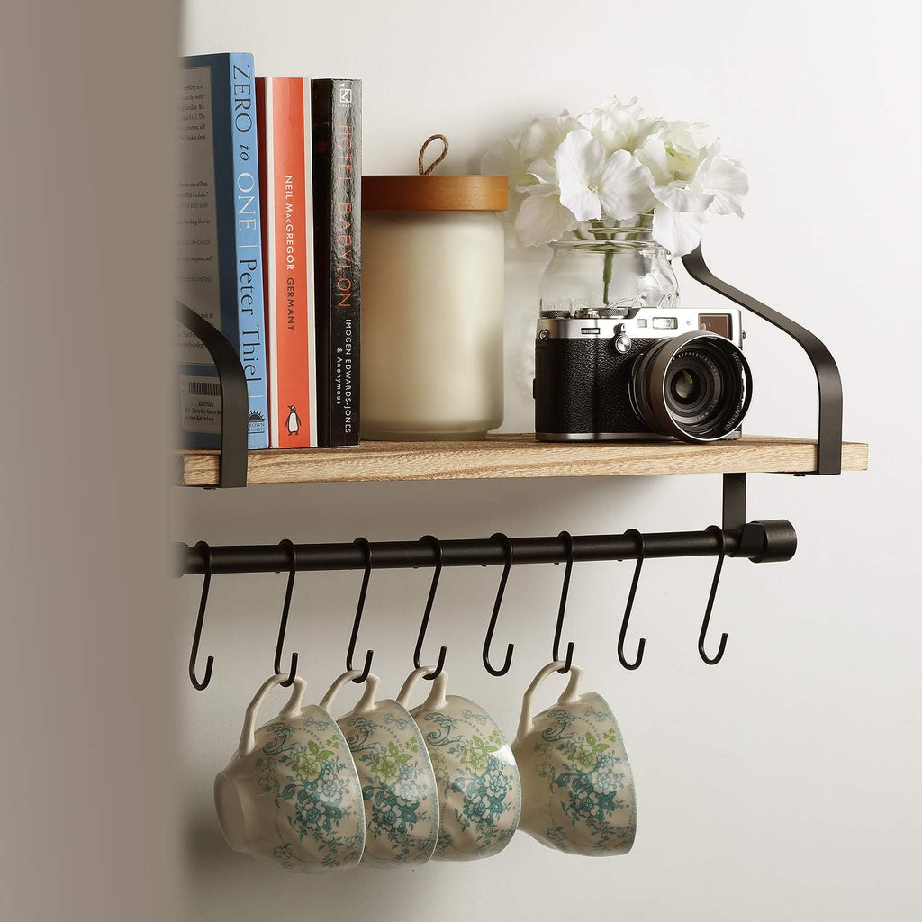 Rustic Wood Floating Shelf with 8 Hooks Y12355