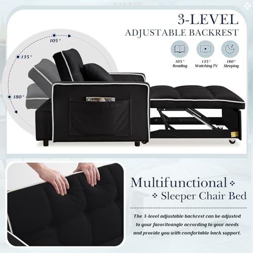Velvet Tufted 3-in-1 Convertible Sleeper Chair Bed with Adjustable Backrest, Beige L3033