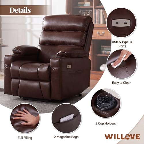 Lay Flat Power Lift Recliner Chair for Elderly, Dual Motor, Heat & Massage, Brown P4224