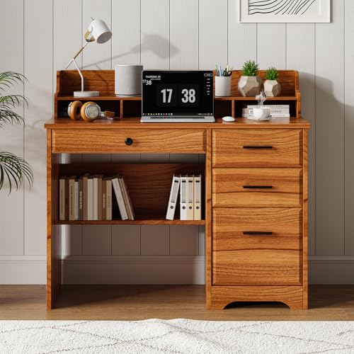 4 EVER WINNER Computer Desk with Storage Drawers and Hutch, 44 Inch White W8153