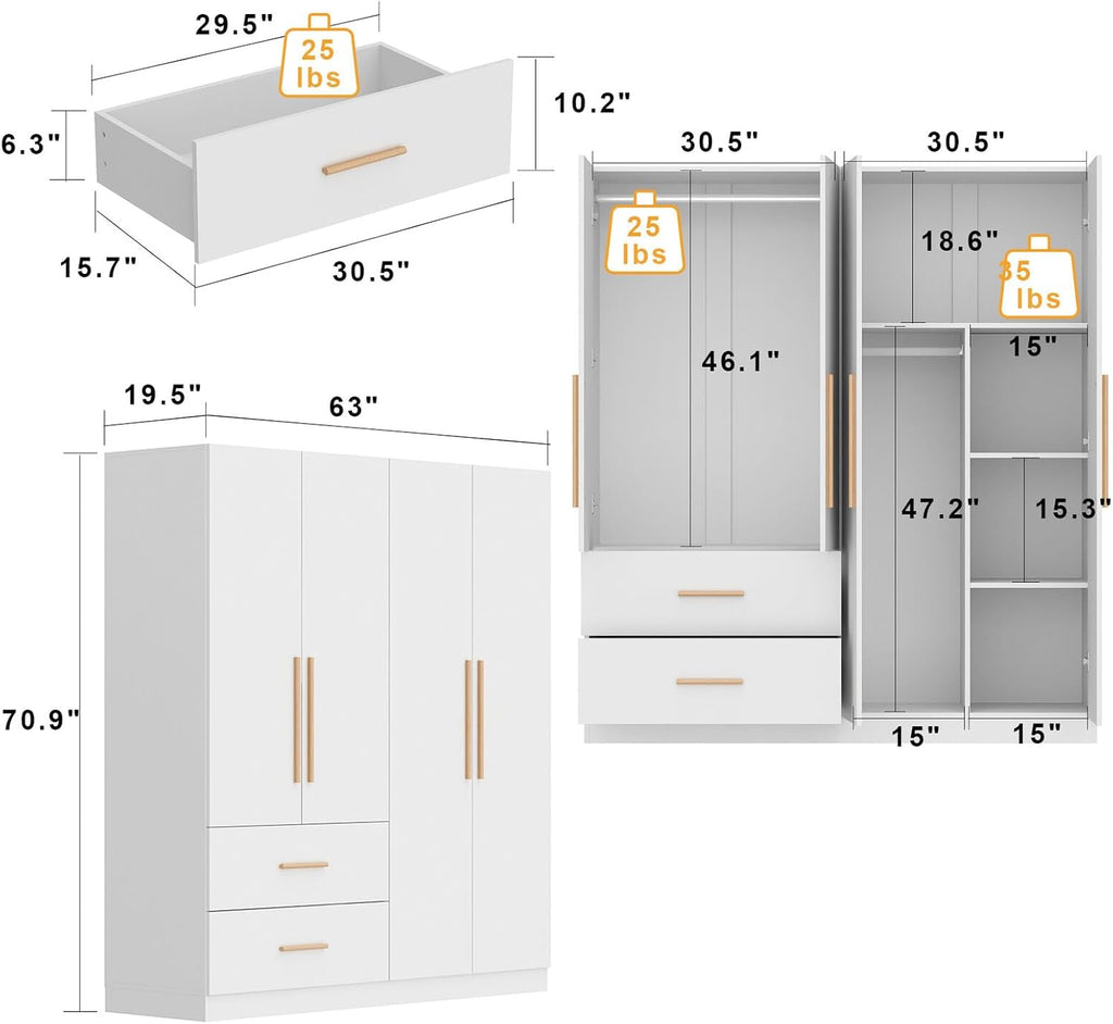 Tall Wooden Wardrobe Armoire 4-Door 2-Drawer White Y702