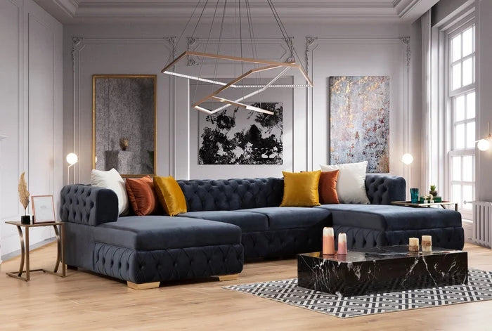 Paris Black Sectional Charcoal Velvet Double Chaise U660