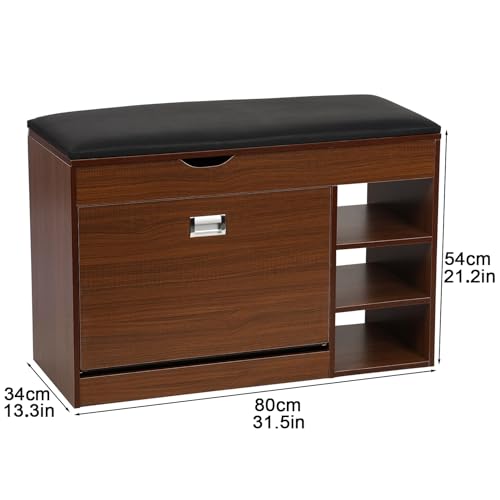 Shoe Storage Cabinet with Flip Drawers, 3 Tiers Wooden Hallway Bench V8352