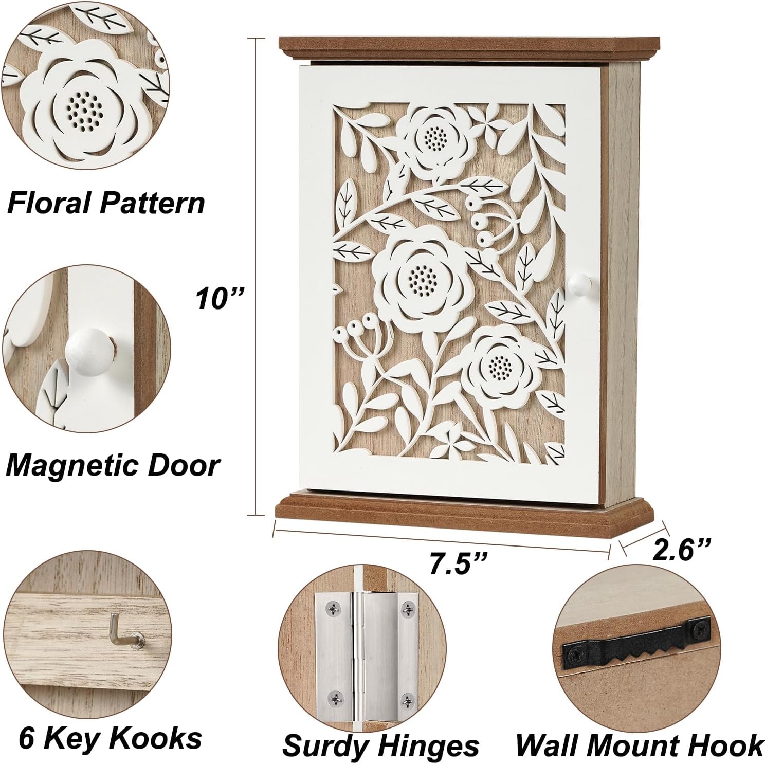 QILICHZ Wooden Wall Key Holder with 6 Hooks, Farmhouse Rustic Decor, White U6085