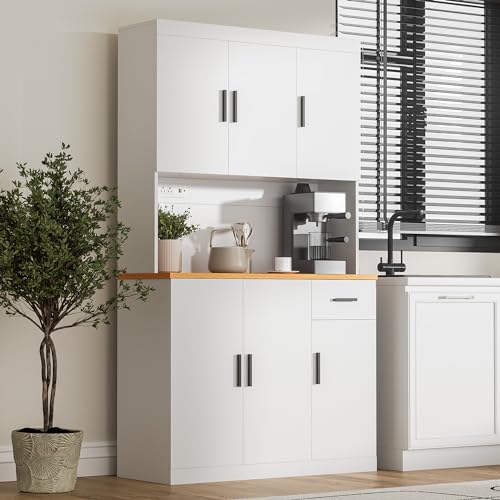 Black Kitchen Pantry Cabinet, 71" Tall Kitchen Storage Cabinet with Power Outlet, Freestanding Kitchen Hutch with countertop