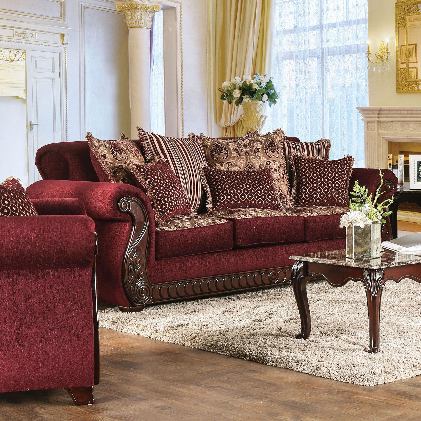 Furniture of America Tabitha Traditional Wine & Gold Fabric Living Room Set 3pcs Z234
