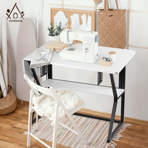 Sewing Table with Adjustable Platform and Storage Shelf - White M966