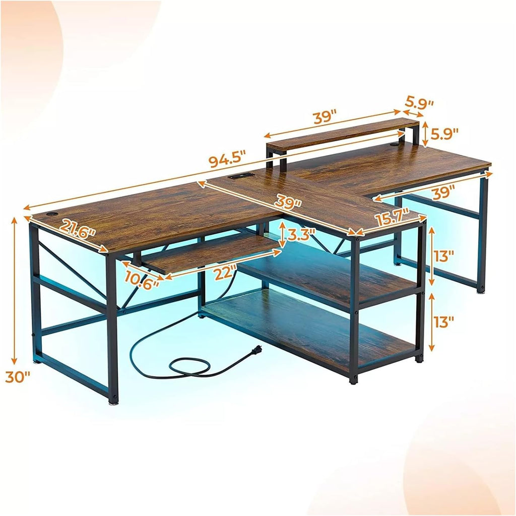 Brown 95 Inches Home Office Computer Gaming Desk for 2 Person with RGB LED Lights E66924