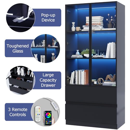 Glass Display Cabinet with LED Lights and 3-Tier Shelves Y843