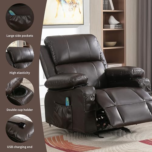 Heated Leather Rocking Recliner Chair with Massage for Adults, Brown O3559