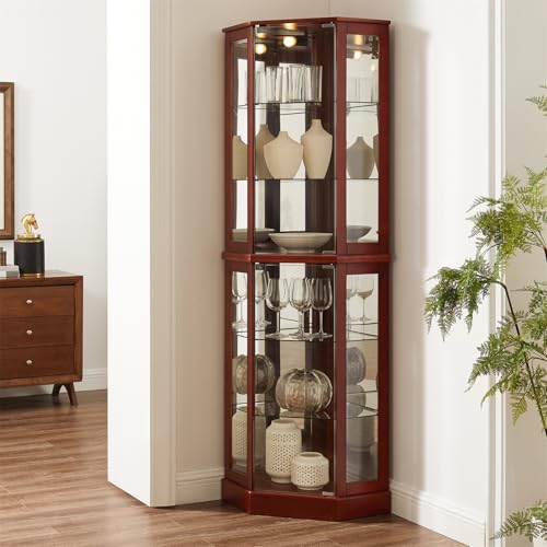 Lighted Corner Curio Cabinet with Mirrors and Adjustable Shelves, Cherry C40395