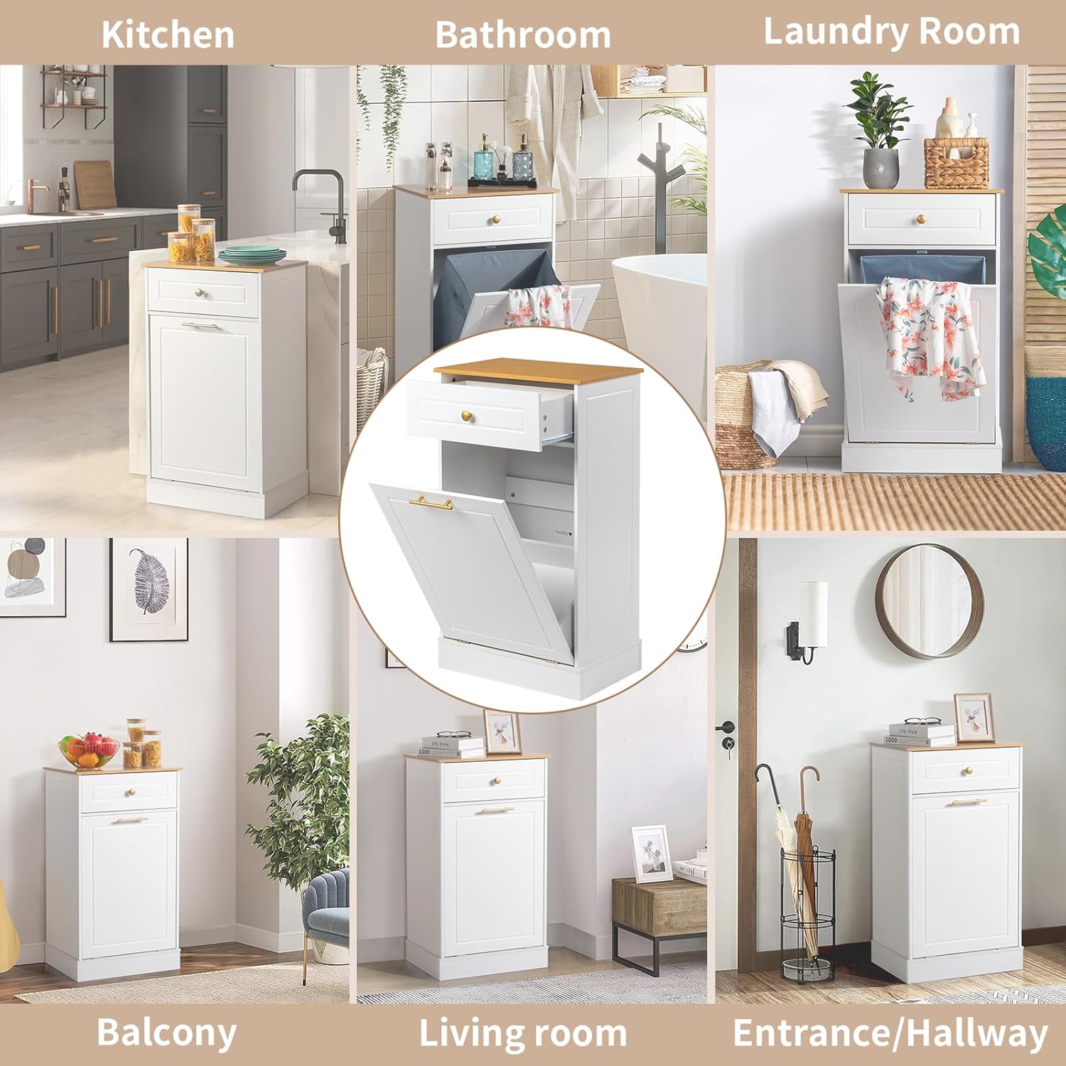 Karl home Tilt Out Laundry Hamper Cabinet with Drawer, White F817