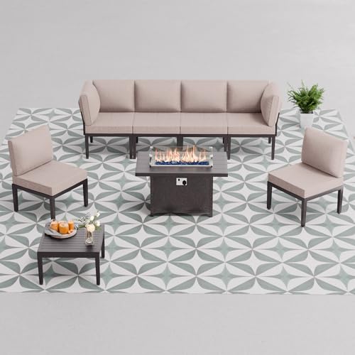 15 Piece Patio Furniture Set with Propane Fire Pit, 12-Seat Modular Outdoor Sectional, Navy Blue J871598