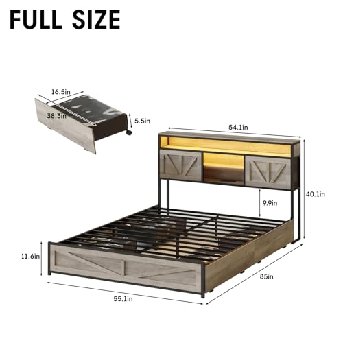 Queen Size Bed Frame with Charging Station and 4 Drawers, Wash Grey F262655