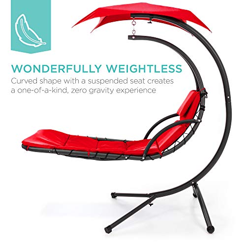 Outdoor Hanging Curved Steel Chaise Lounge Chair Swing with Pillow and Canopy - Red D38972