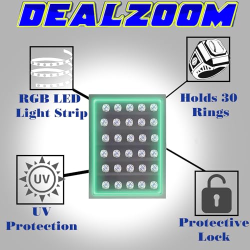 Championship Ring Display Case RGB LED - 30 Ring Glass Shadow Box with Lock - Black L167598