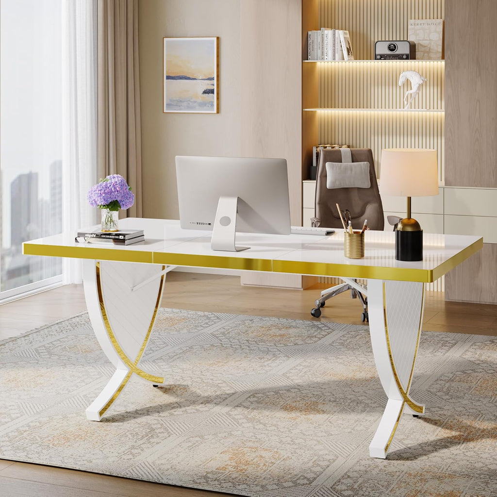 Tribesigns 63" Modern Executive Desk, White & Gold Q821027