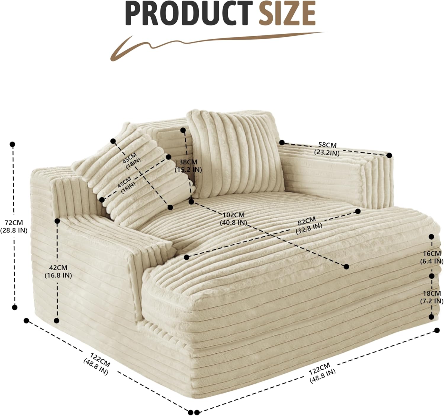 Oversized Chaise Lounge Sofa Upholstered with 2 Throw Pillows V413