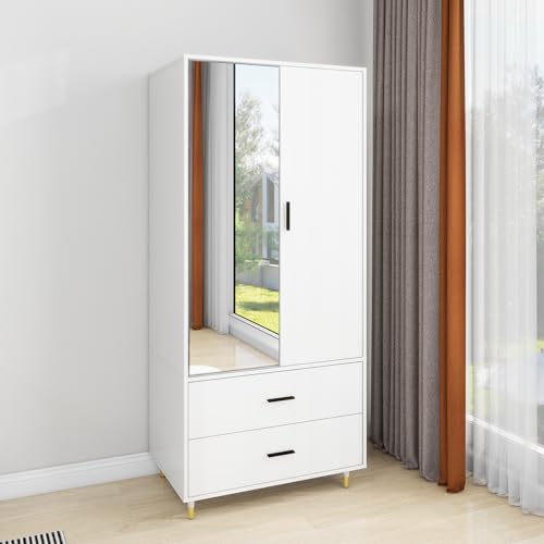 Armoire Wardrobe Closet with Hanging Rod 2 Doors 2 Drawers Mirror and Shelves for Bedroom Storage Organization Large Capacity Organizer for Clothes White 31.5" W x 15.7" D x 70.8" H