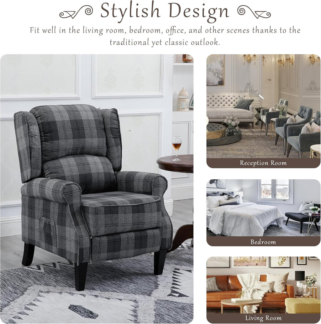 Modern Upholstered Recliner Chair with Footrest, Grey Check I198