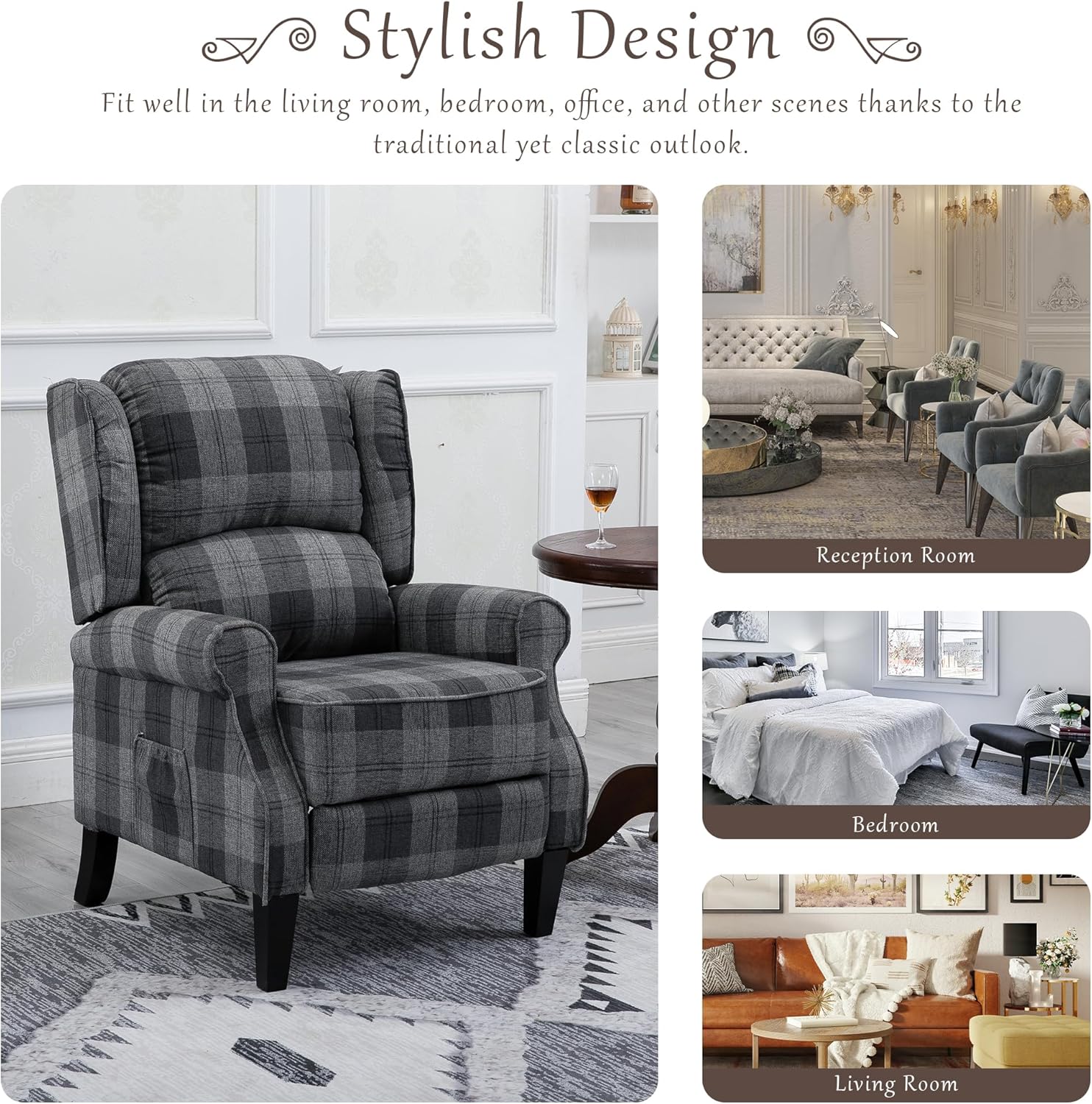 Modern Upholstered Recliner Chair with Footrest, Grey Check I198