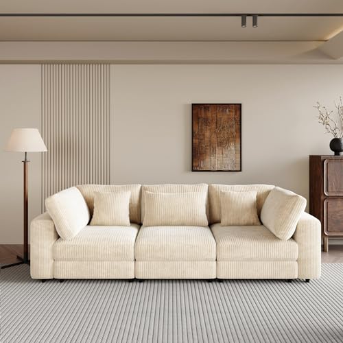 Oversized 3 Seater Corduroy Sofa Couch with 5 Pillows, Gray C5298