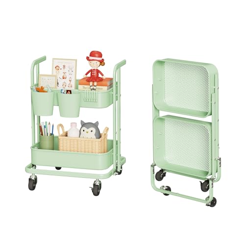2 Tier Rolling Cart, Metal Utility Cart with Wheels, Foldable Under Desk Storage Cart, Small Folding Bookshelf Trolley for Living Room, Kitchen, Bathroom, Bedroom and Office,Pastel Green