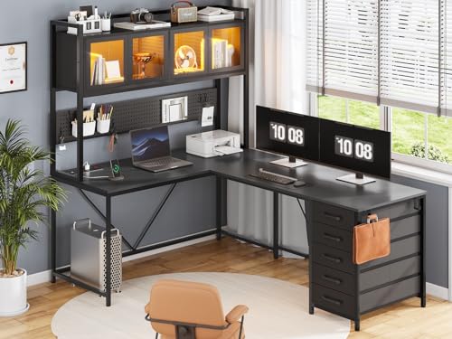 L Shaped Gaming Desk with Drawers and Storage Shelves P3118