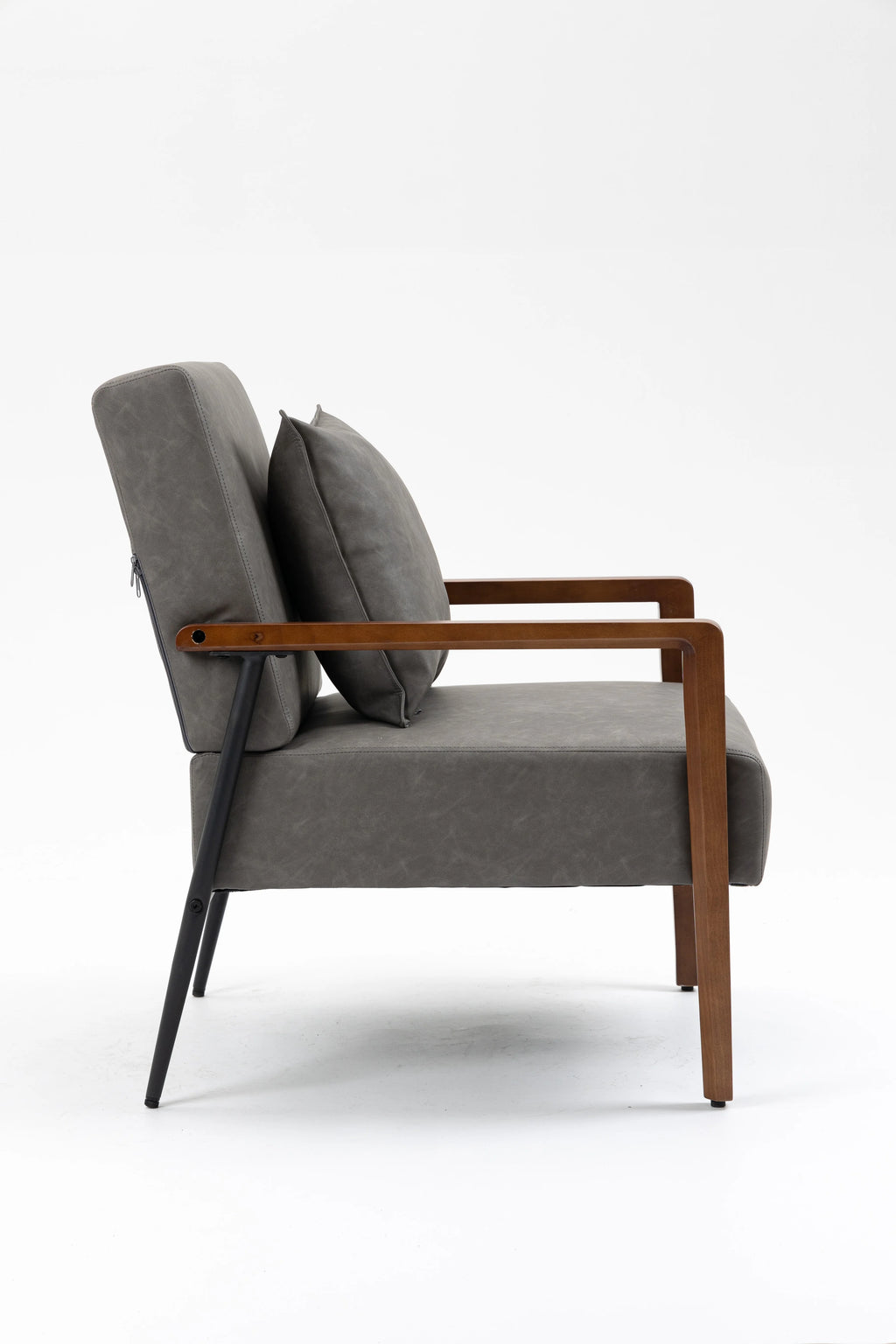 Mid-Century Modern Leather Armchair with Solid Wood Armrest S55508